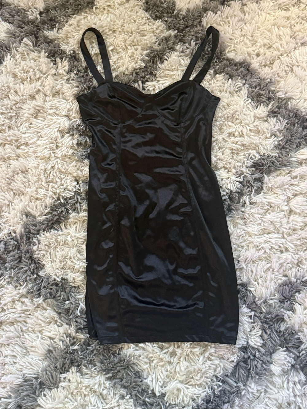 Divided Black Satin Slip Dress with Adjustable Straps